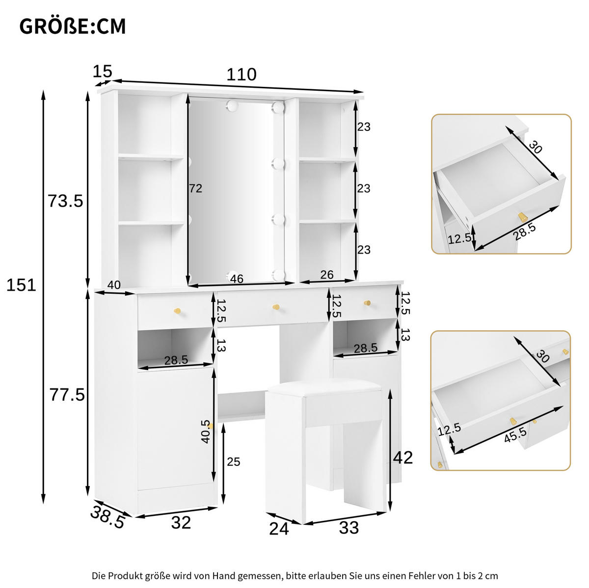 STOL za šminkanje, 110/40/151 cm, bijela, iveral, s ogledalom i LED rasvjetom - bijela, drvni materijal (40/151/110cm) - BEAOK
