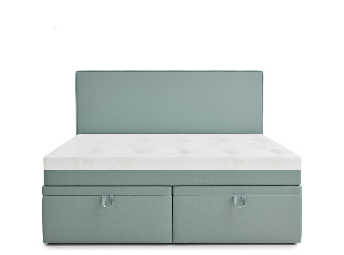 BOXBETT 200/200 cm Tegal, in Türkis, Matratze, gepolstertes Kopfteil, Bettkasten, H3 = fest - Türkis/Schwarz, Holz/Holzwerkstoff (200/200cm) - Maison de Reve