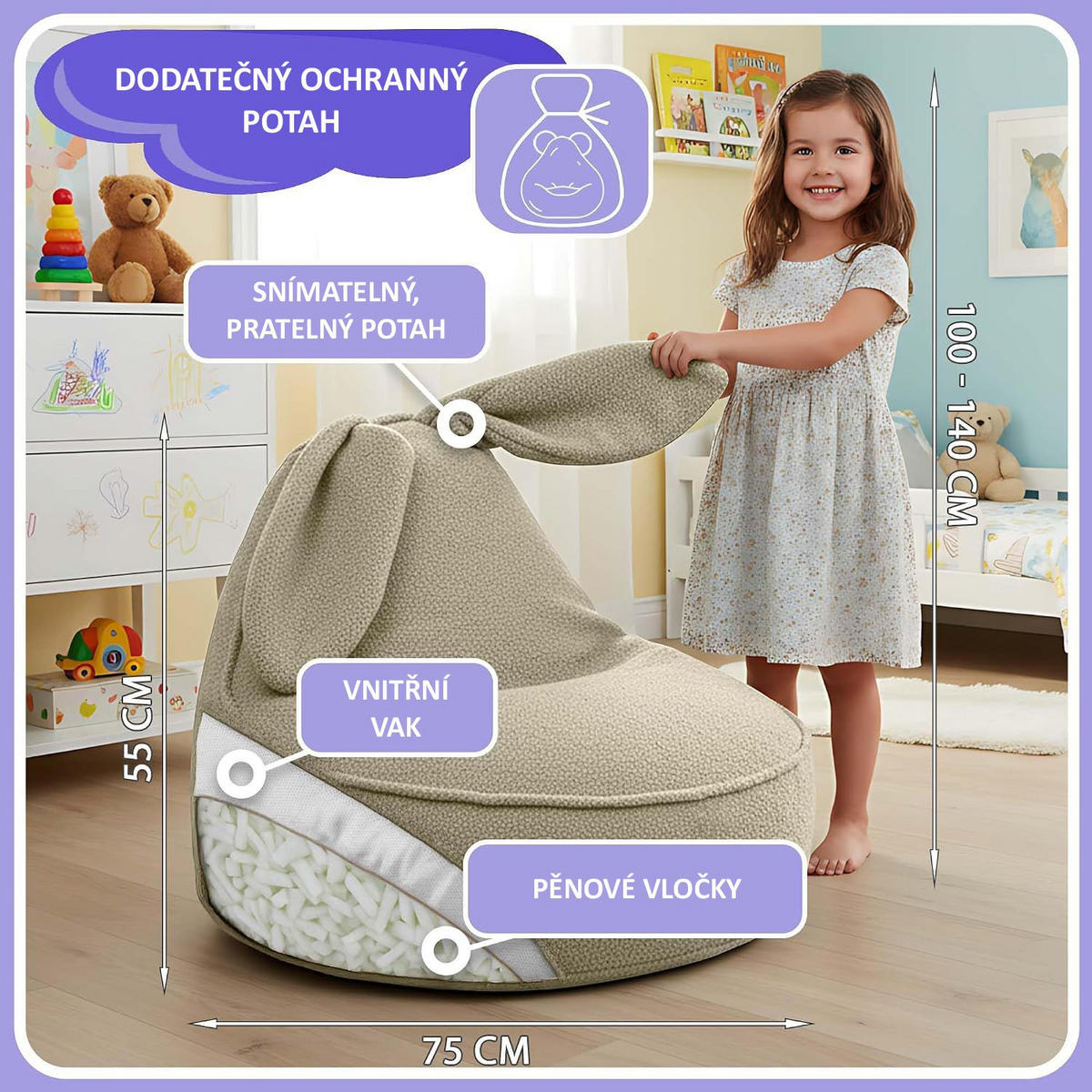 SITZSACK FÜR KINDER Hase 75/75/55 cm, weicher Bouclé 315 g/m², abnehmbarer Bezug, Toasted Almond - Beige, Textil (75/55/75cm) - Dreamroots
