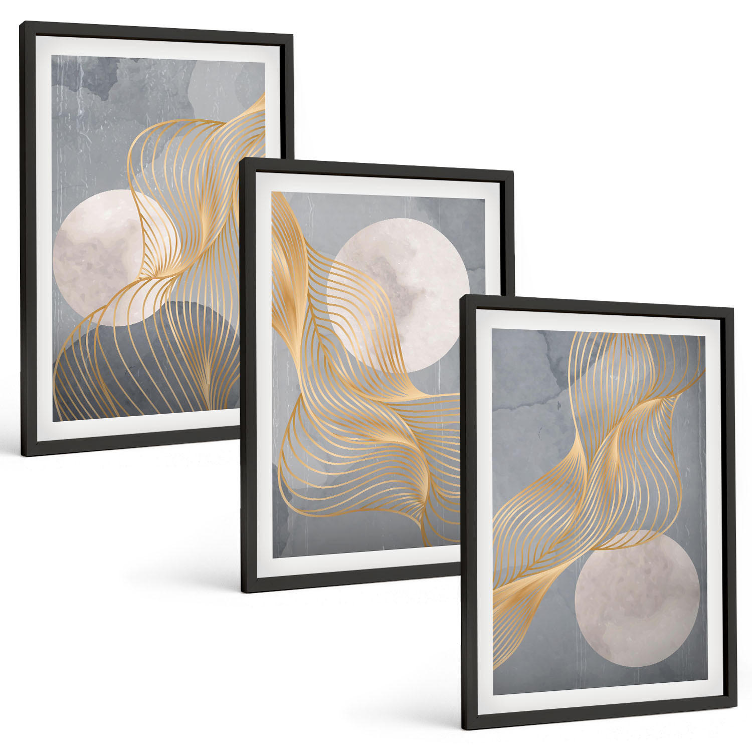 BILDER SET 3er Set - 40x60 cm Schwarzer Rahmen - Abstrakte Muster Wellen Kreise - Schwarz, Kunststoff (40/60cm) - TULUP