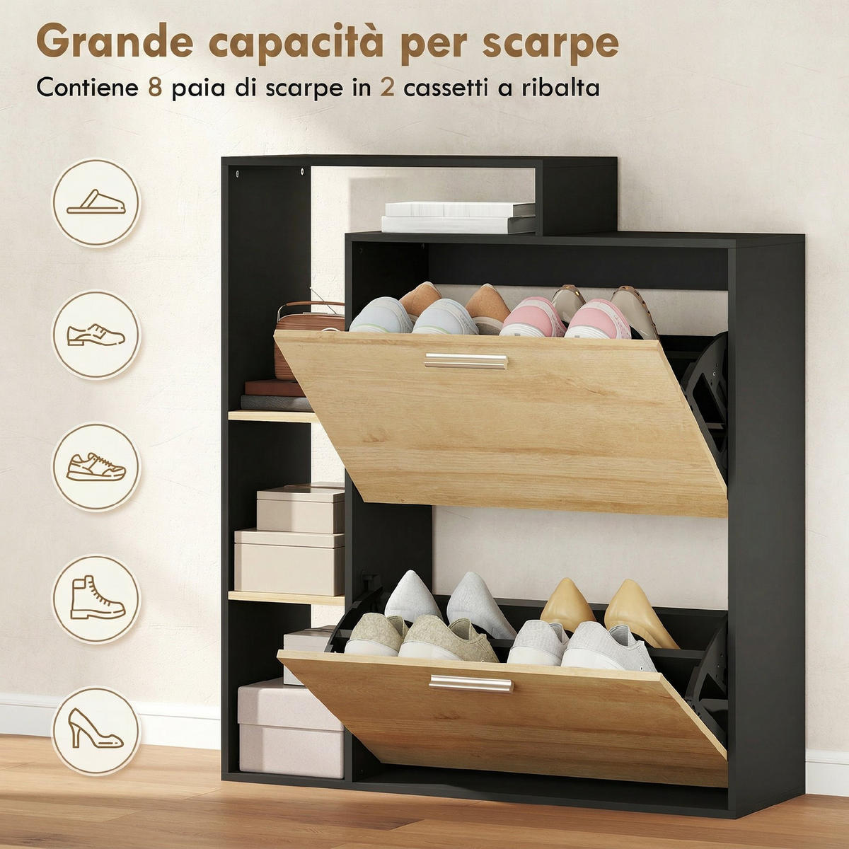 SCHUHSCHRANK,2 Klappschubladen Regalböden,schwarz-naturholz - Schwarz, Holzwerkstoff (80/90/26cm) - Vallsero