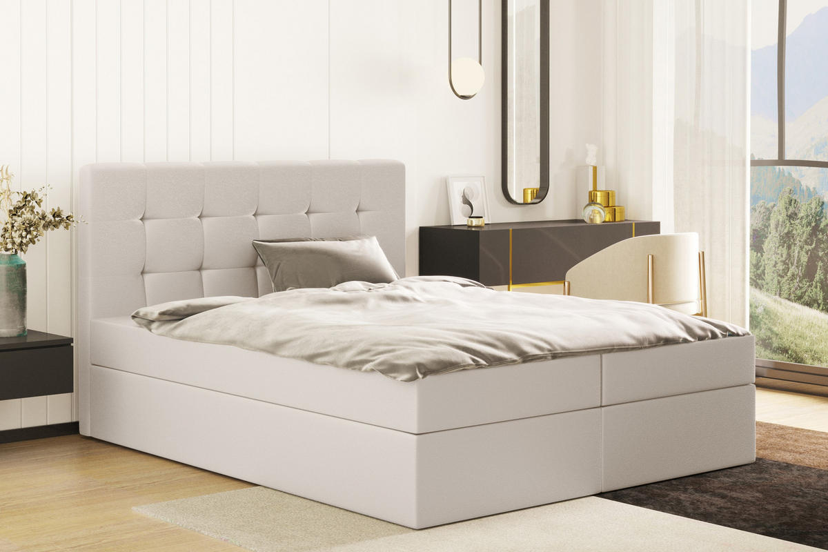 BOXBETT Mit Matratze Und Bettkasten, LUDANO Stoff Cayenne Hellbeige 160x200 cm H3-Bonell - Beige, Holz (160/200cm) - Kaiser Möbel