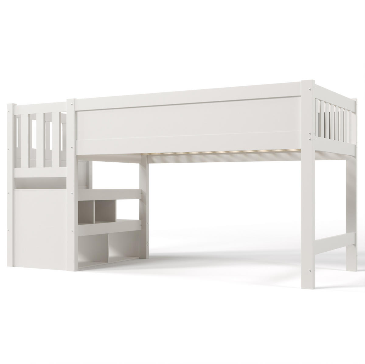 VISOKA postelja 90/200 cm bela z lestvijo in shranjevanjem iz masivnega lesa in MDF - bela, leseni material (90/200cm) - OKWISH