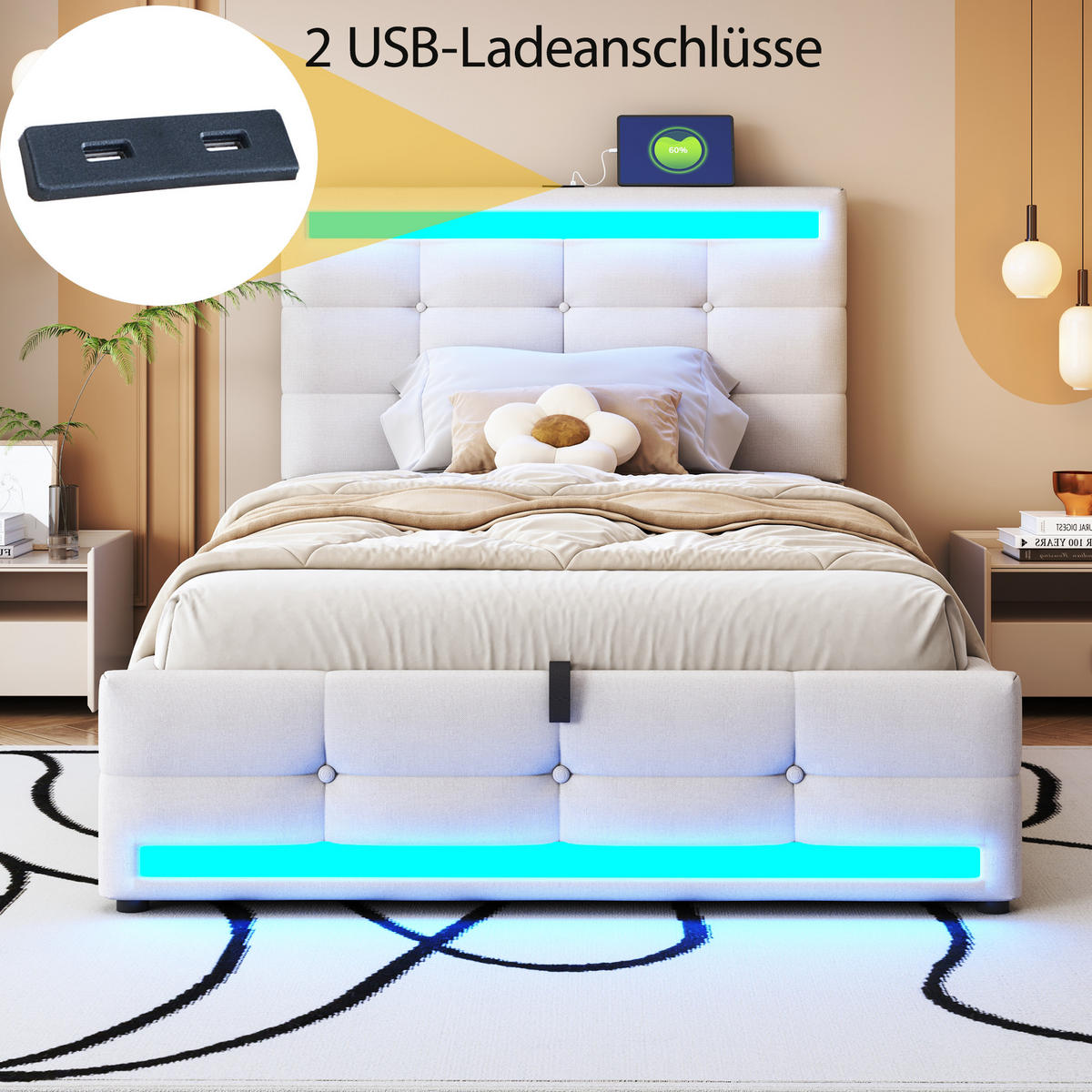 POLSTERBETT 90/200 cm Beige aus Leinen mit Stauraum und LED-Beleuchtung mit USB - Beige, Textil (90/200cm) - OKWISH