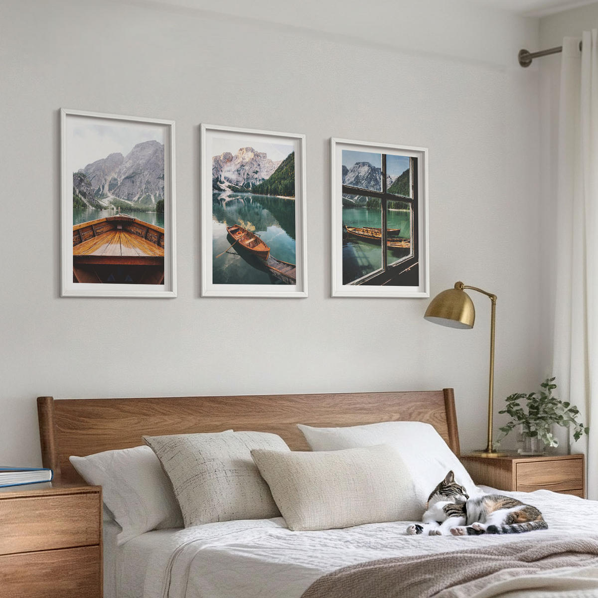 BILDER SET 3er Set - 40x60 cm Weißer Rahmen - Fenster für Boote auf dem Bergsee - Weiß, Kunststoff (40/60cm) - TULUP