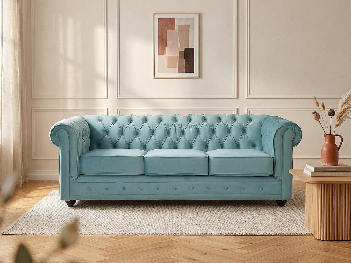 SOFA 3-Sitzer - Samt - Hellblau - CHESTERFIELD - Hellblau, Textil (205/72/88cm) - Vente-Unique