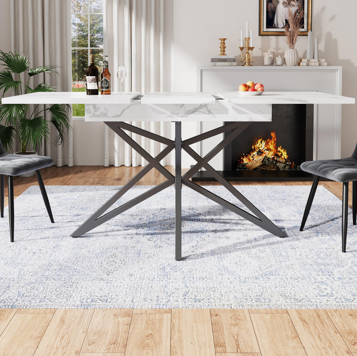 ESSTISCH, MDF mit Marmoroptik & Metallgestell, ausziehbar 120-160/80/66,1 cm, Weiß - Weiß, Holzwerkstoff (120/80/66.1cm) - Redom
