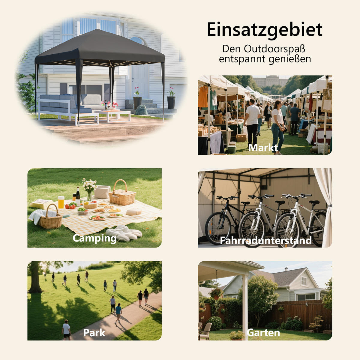 PAVILLON 3x3 m Pop-up – höhenverstellbarer Faltpavillon mit 4 Sandsäcken & Tragetasche, Gartenpavillon, Schwarz - Schwarz, Kunststoff (313/197/313cm) - Ej. Life