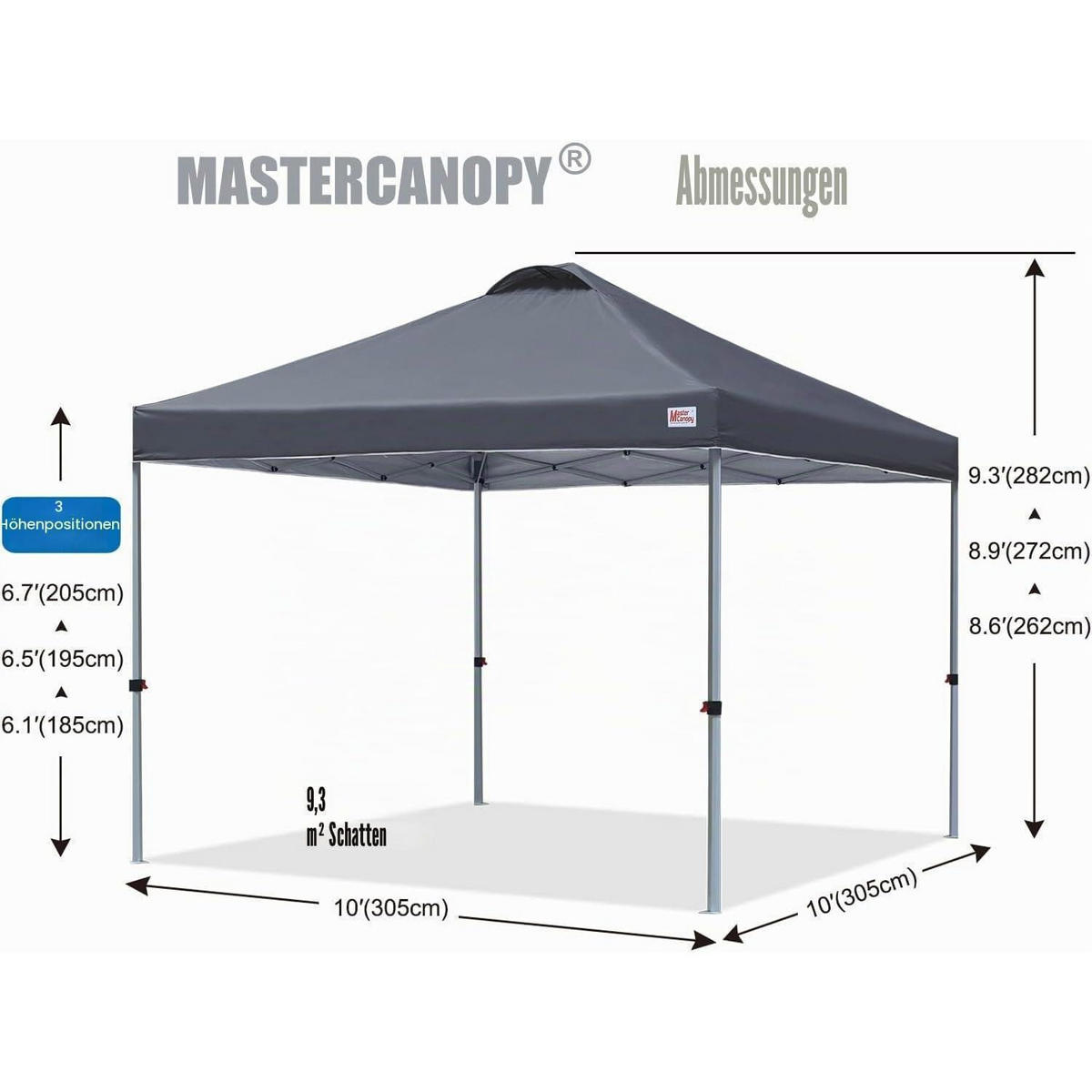 PAVILLON 3x3 Schnellaufbau 3-fach höhenverstellbar UPF50+ wasserabweisend Darkgrau - Anthrazit, Textil (305/282/305cm)