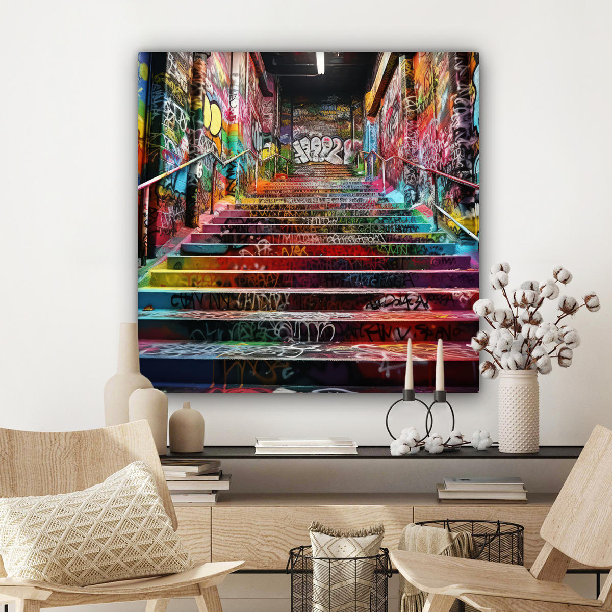 LEINWANDBILD Treppe - Graffiti - Farben - Kunst Deko Groß 90x90 cm - Multicolor, Textil (90/90cm) - MuchoWow