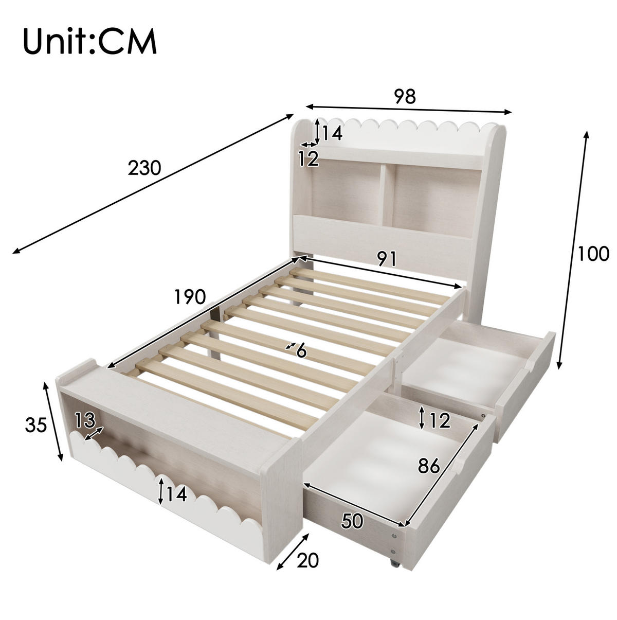 KINDERBETT 90/190 cm aus Massivholz und MDF mit Schubladen, Regal und Sitzbank Weiß/Eichefarben - Weiß, Holzwerkstoff (90/190cm) - Modenvie