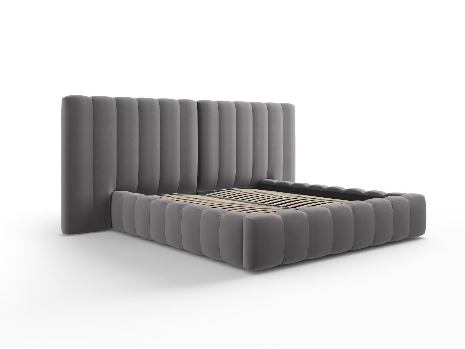 BETT mit Bettkasten und Doppelkopfteil Kelp aus Samt grau 140x200cm - Grau, Textil (140/200cm) - Micadoni