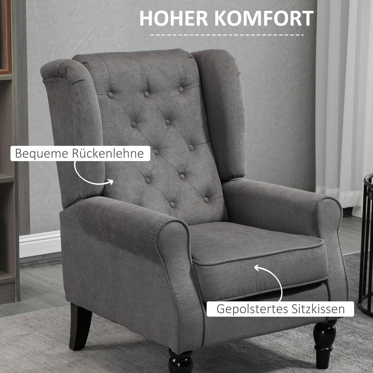 EINZELSESSEL mit Tufting Relaxsessel Einzelstuhl Holzfüße Polyester Dunkelgrau - Dunkelgrau/Schwarz, Holz/Textil (86/102/74cm) - HOMCOM