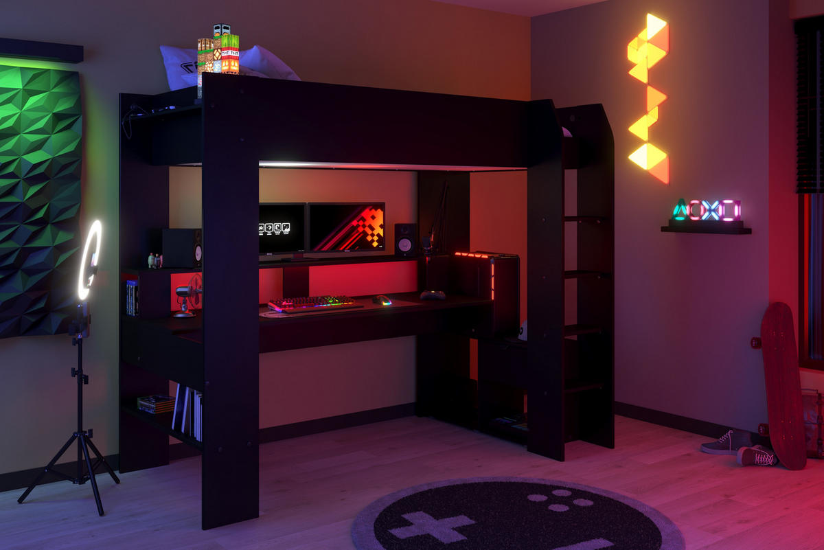 HOCHBETT Online 1 Gaming in Schwarz inklusive LED-Beleuchtung 90 x 200 cm - Schwarz, Holzwerkstoff (90/200cm) - Parisot Meuble