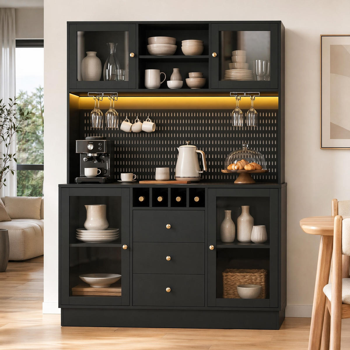 KÜCHENSCHRANK in Schwarz mit LED-Lichtleiste und Schubladen für Küche und Wohnzimmer, B140/T40/H185.7 cm - Transparent/Schwarz, Glas/Holzwerkstoff (140/185.7/40cm) - STILVORA