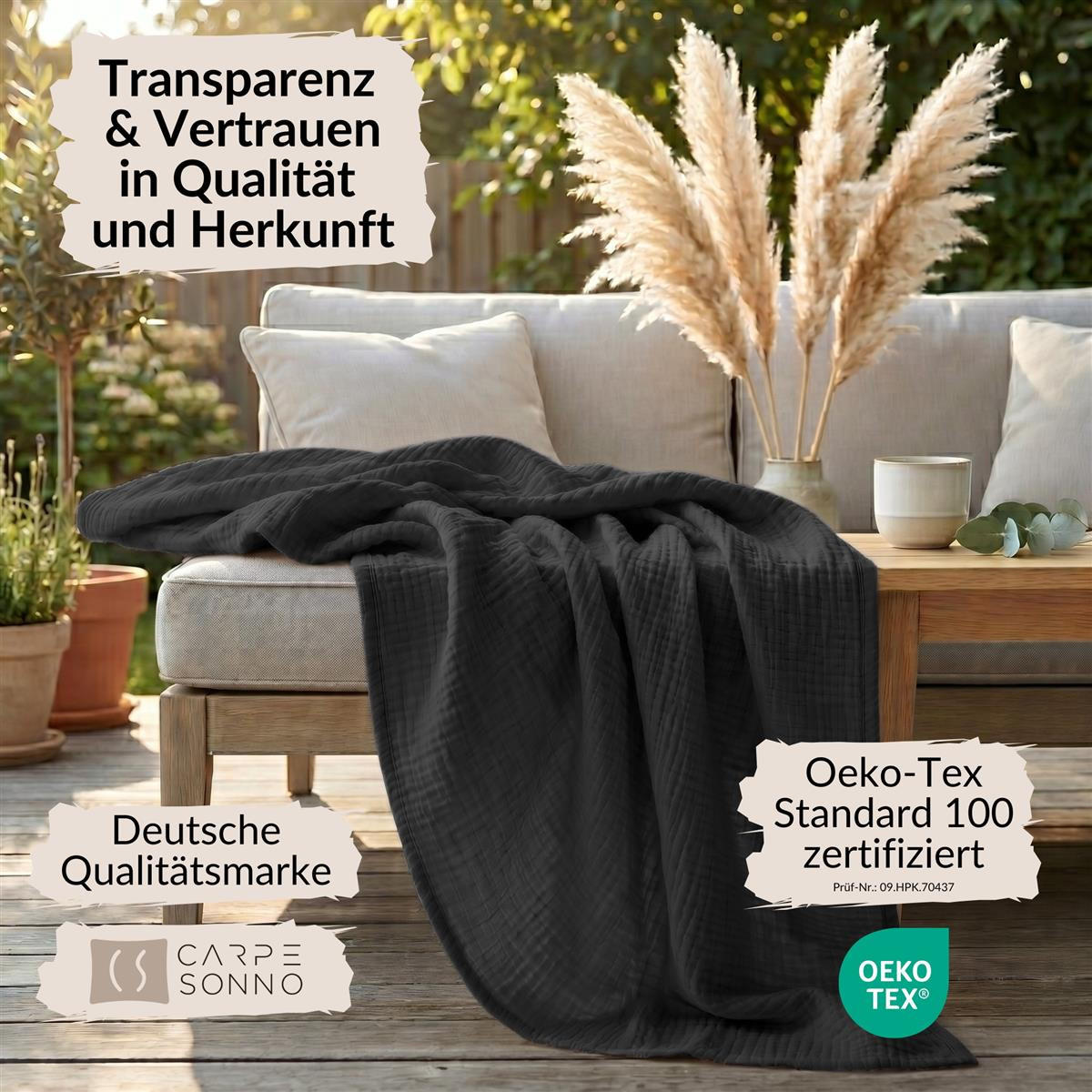 WOHNDECKE Musselin 150 x 200 cm, Leichte Kuscheldecke aus 100% Baumwolle - Nutzbar als Tagesdecke, Plaid oder Decke für Sofa, Couch & Bett - Anthrazit - Anthrazit, Textil (150/200cm) - Carpe Sonno