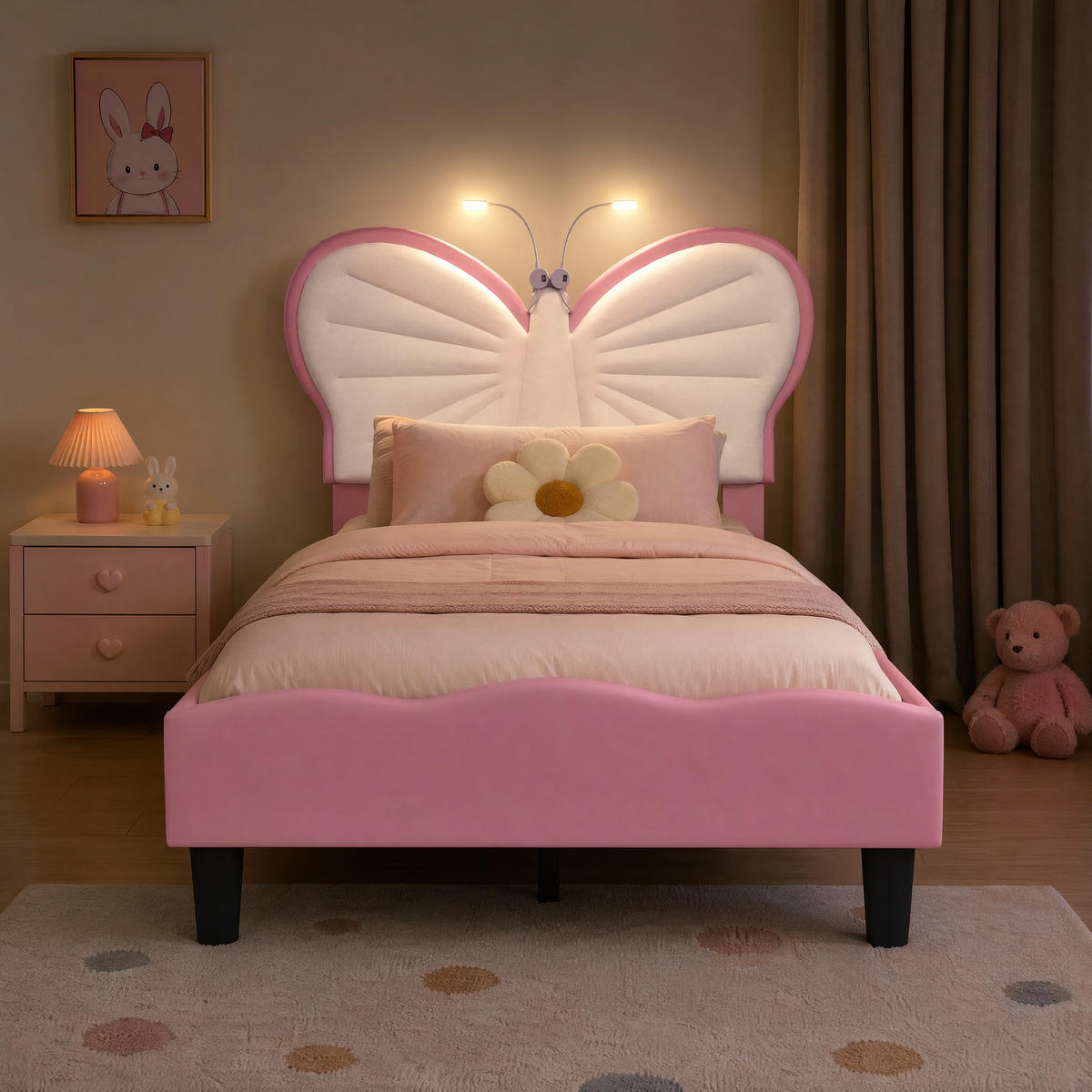 POLSTERBETT 90x200cm rosa/weiß Schmetterling, Leselampe, Kopfpolster - Pink/Naturfarben, Leder/Holz (90/200cm)