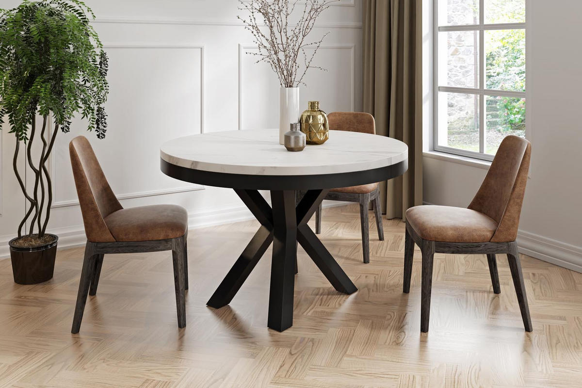ESSTISCH Clara runder ausziehbarer, Marmor Weiß 120-200/120/76 cm - Ecru/Schwarz, Holzwerkstoff/Metall (120/120/76cm) - WFL GROUP