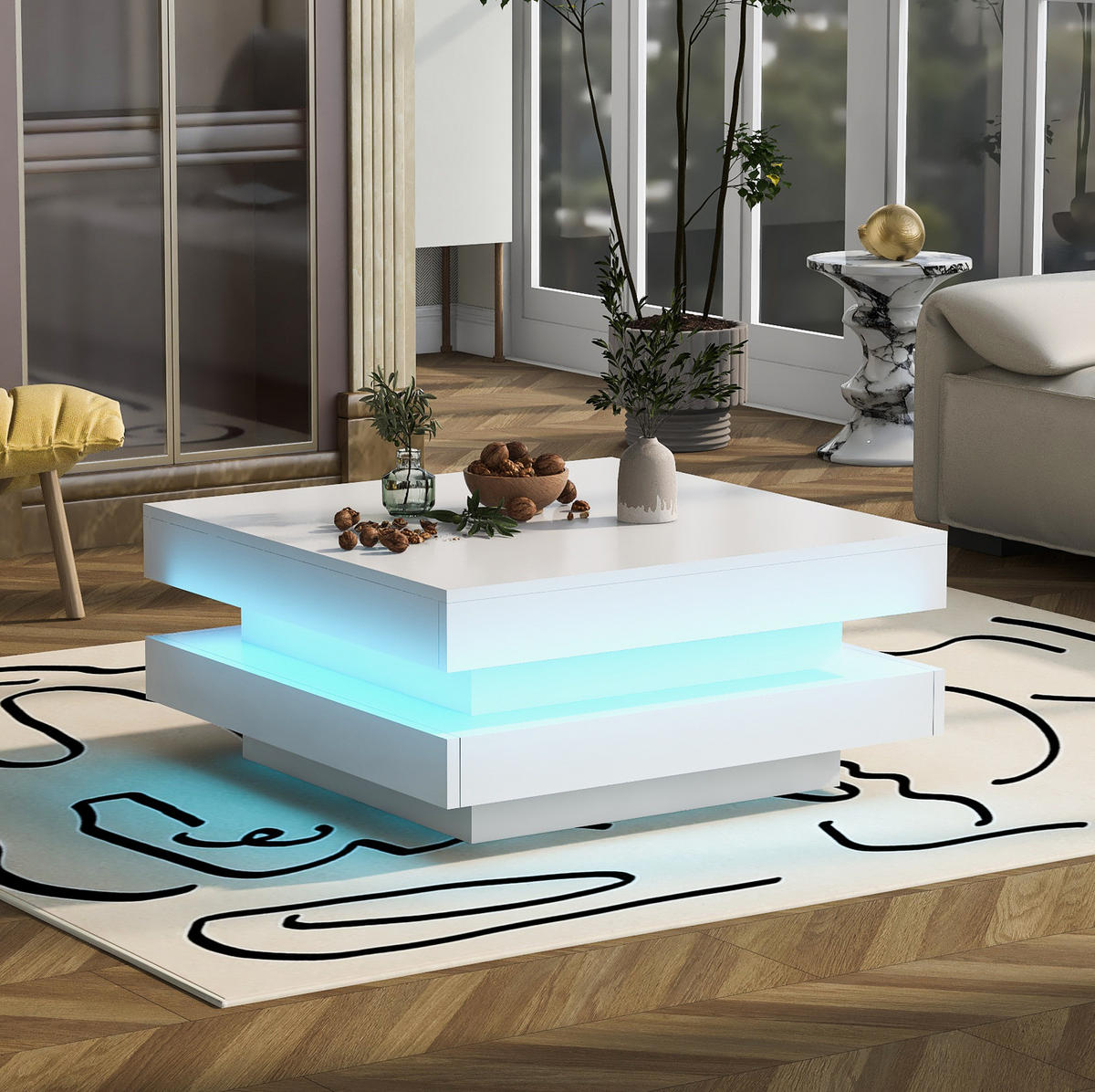 COUCHTISCH 70/70/36 cm in Weiß Hochglanz mit LED-Beleuchtung - Weiß, Holzwerkstoff (70/70/36cm) - Flora Grace