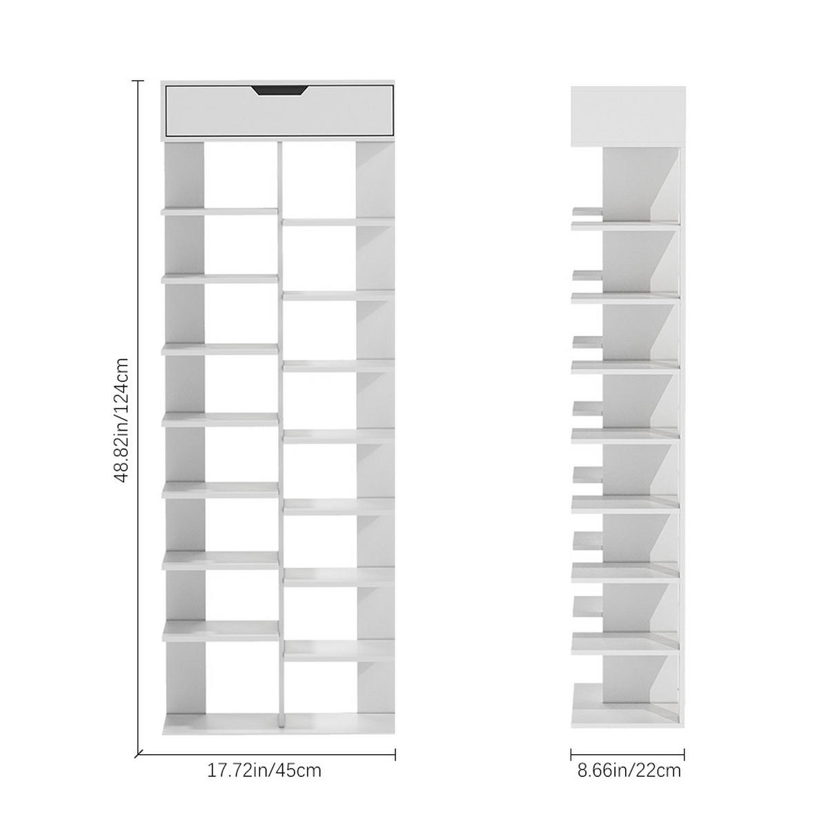 SCHUHREGAL 45/22/124 cm 9-Stufig 16-Ablagefächern Schublade Freistehend MDF Weiß - Weiß, Holzwerkstoff (45/124/22cm) - Livingandhome