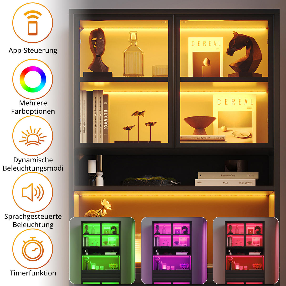 VITRINE 80x35x200 cm Schwarz mit RGB LED und 4 Glastüren - Schwarz, Holzwerkstoff (80/200/35cm) - FLIEKS