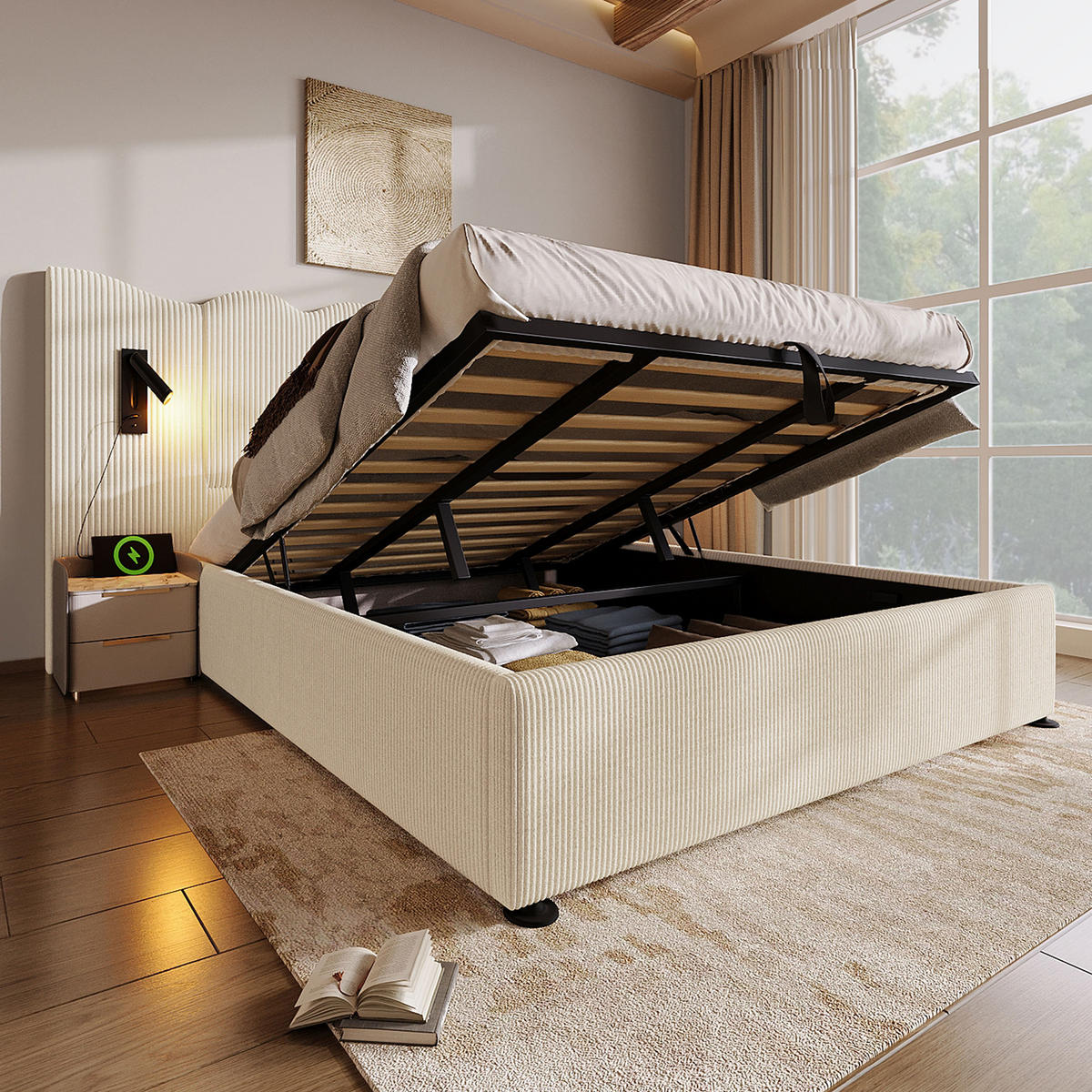 POLSTERBETT 180/200 mit Bettkasten, Leselampe, USB und Type-C in Beige-Weiß - Beige, Holzwerkstoff/Textil (180/200cm) - EVRYAE