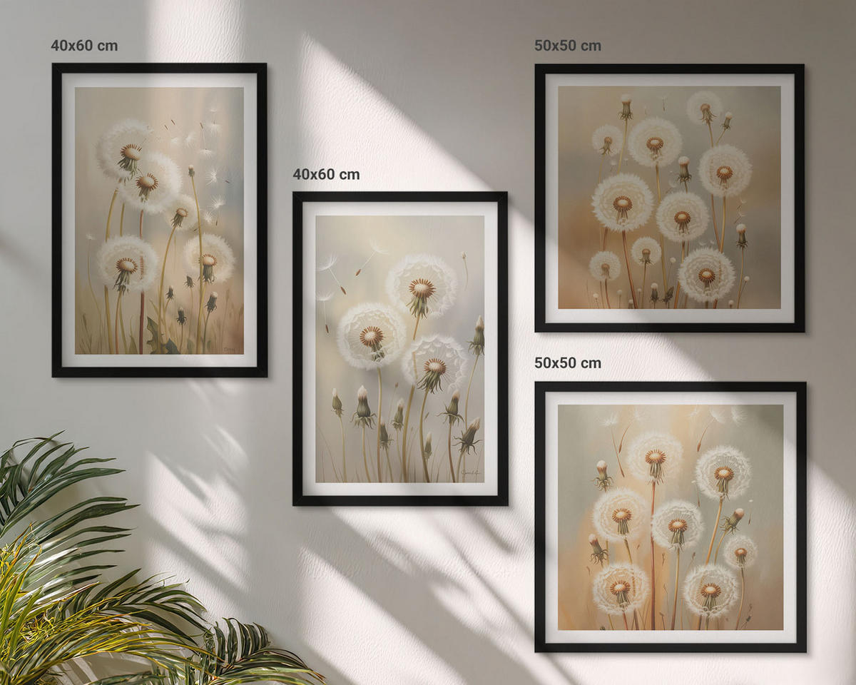 BILDER SET 4er Set - 50x50 cm & 40x60 cm Schwarzer Rahmen - Weiße Löwenzahnblüten auf hellem Hintergrund - Schwarz, Kunststoff (50/50cm) - TULUP