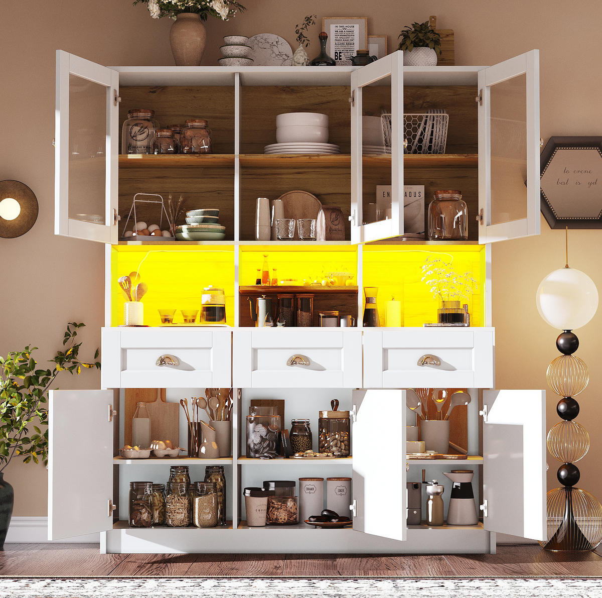 BUFFET 140/40/175 cm in Weiß mit LED-Beleuchtung und verstellbaren Ablagen - Weiß, Holzwerkstoff (140/175/40cm) - Flora Grace