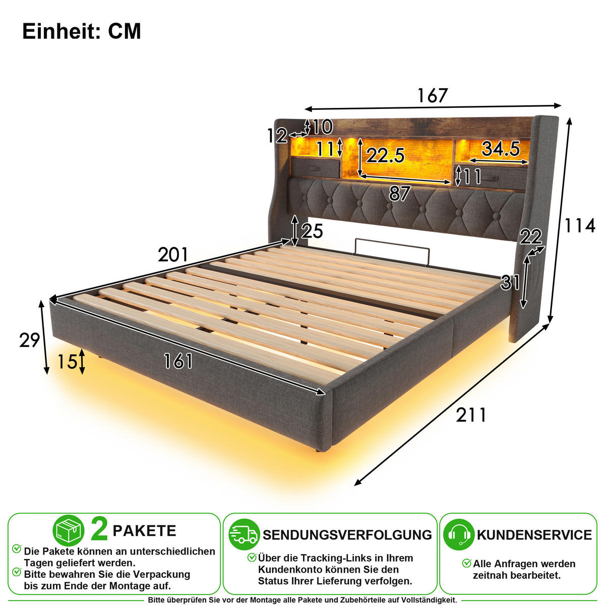 POLSTERBETT 160/200 cm in Grau mit LED, USB und Type-C Leinen - Grau, Holzwerkstoff/Textil (160/200cm) - CHICFURN