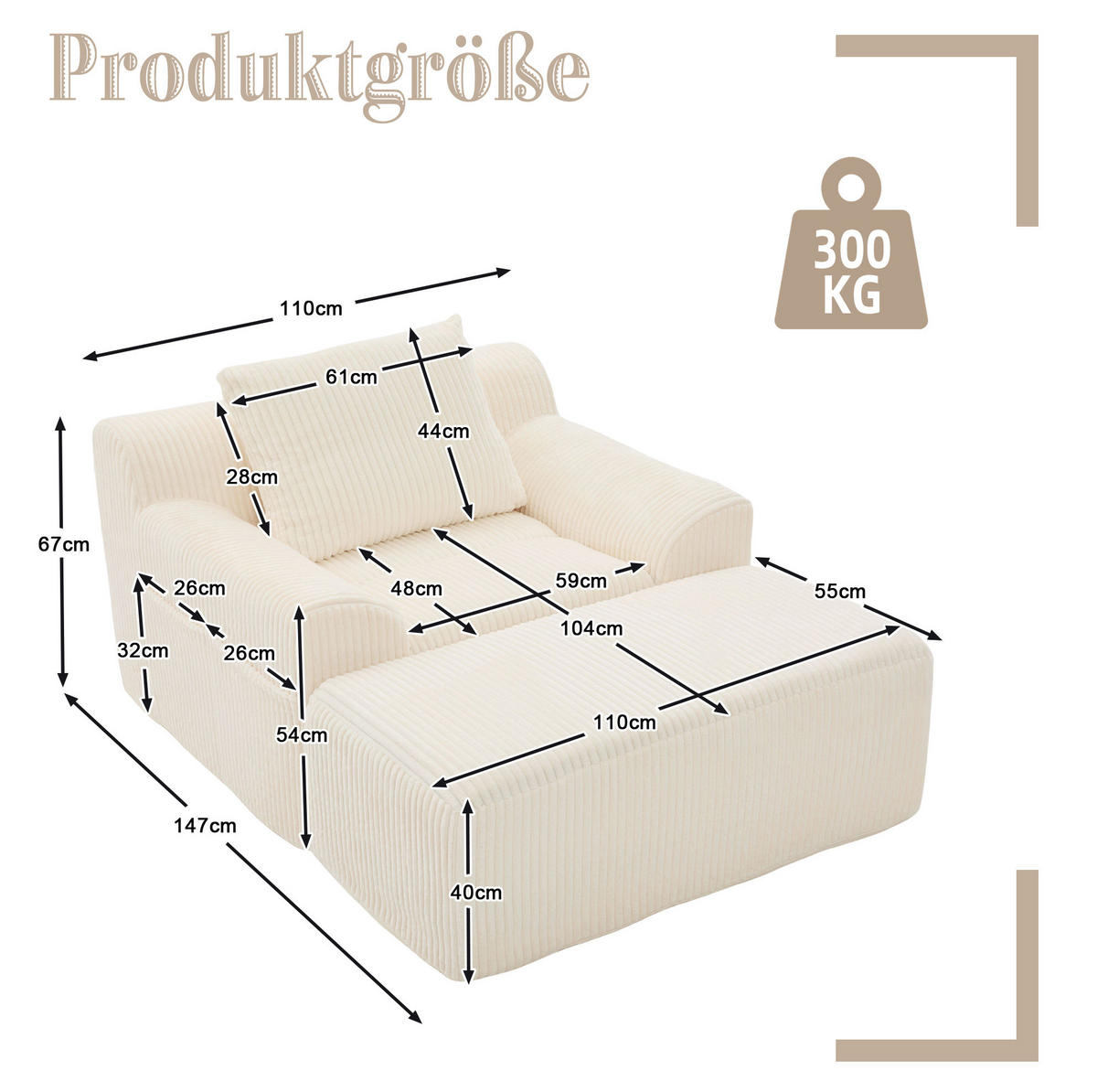 SESSEL aus Cord 147x110x67 cm Beige mit Fußhocker, Seitentaschen und montagefreiem Komfort - Beige, Textil (110/67/147cm) - Modfu
