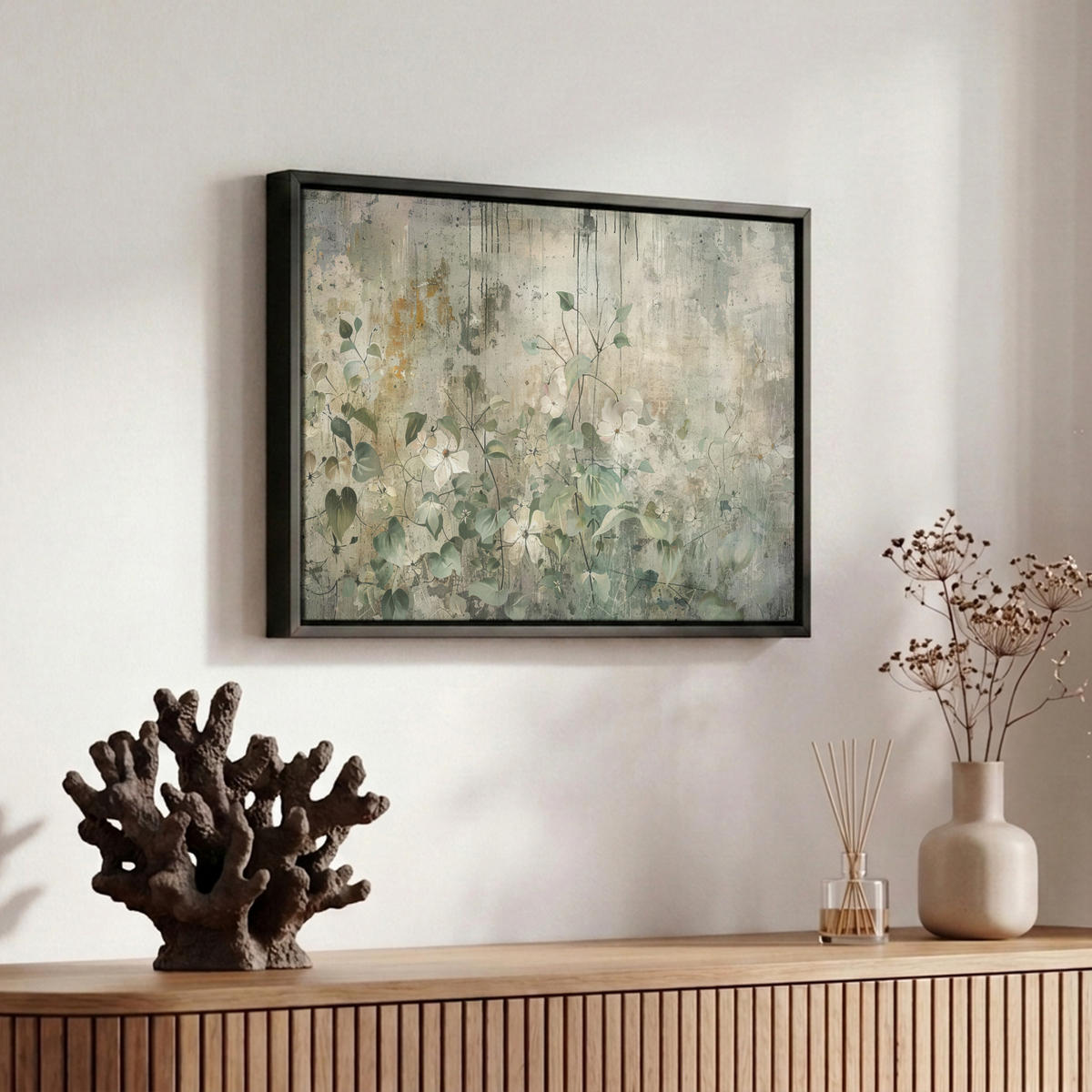 LEINWAND Bilder mit Rahmen - Blumen - Blätter - Abstrakt - Modern - 30x20 - Grau, Textil (30/20cm) - MuchoWow