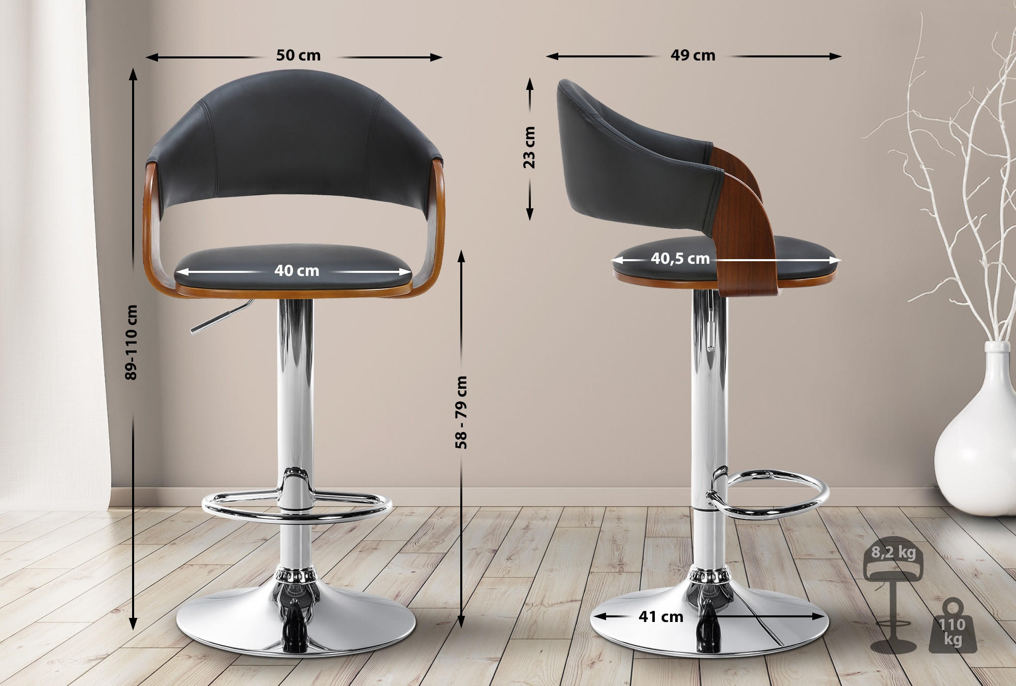 BARHOCKER Lederlook walnuss/schwarz - Chromfarben/Schwarz, Textil/Metall (50/89/49cm) - CLP