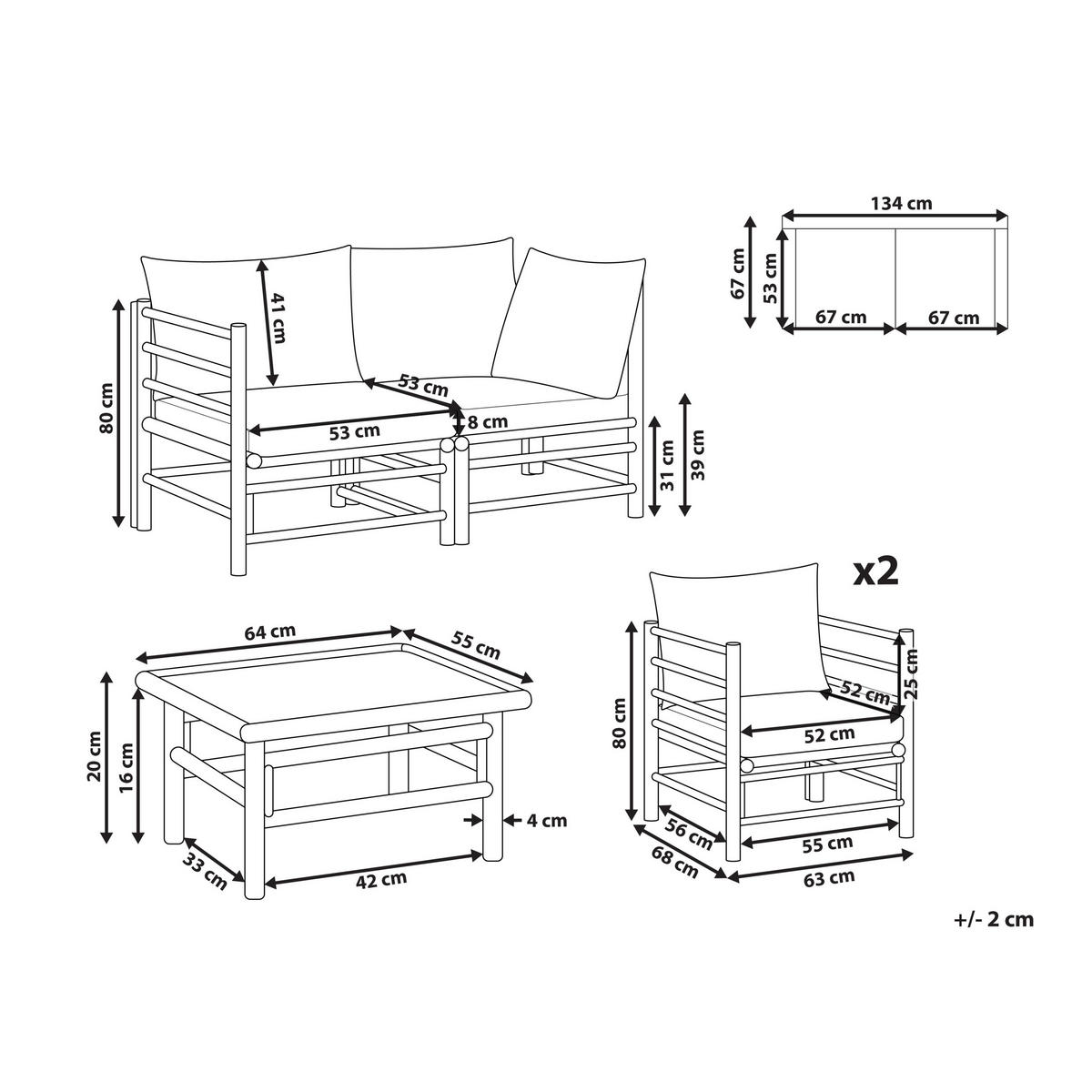 LOUNGE SET 4-Sitzer Bambusholz hellbraun 3-teilig Auflagen cremeweiß Cerreto - Creme, Holz - Beliani