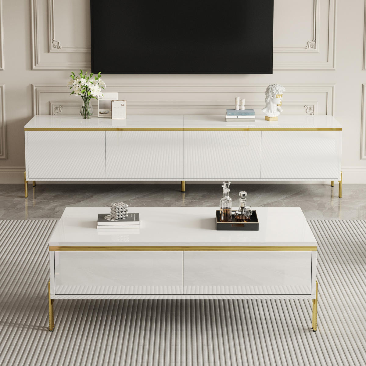TV- & COUCHTISCH-SET Hochglanz Goldkante Stauraum modern Luxus - Weiß, Holzwerkstoff (38/50/170cm) - FLIEKS