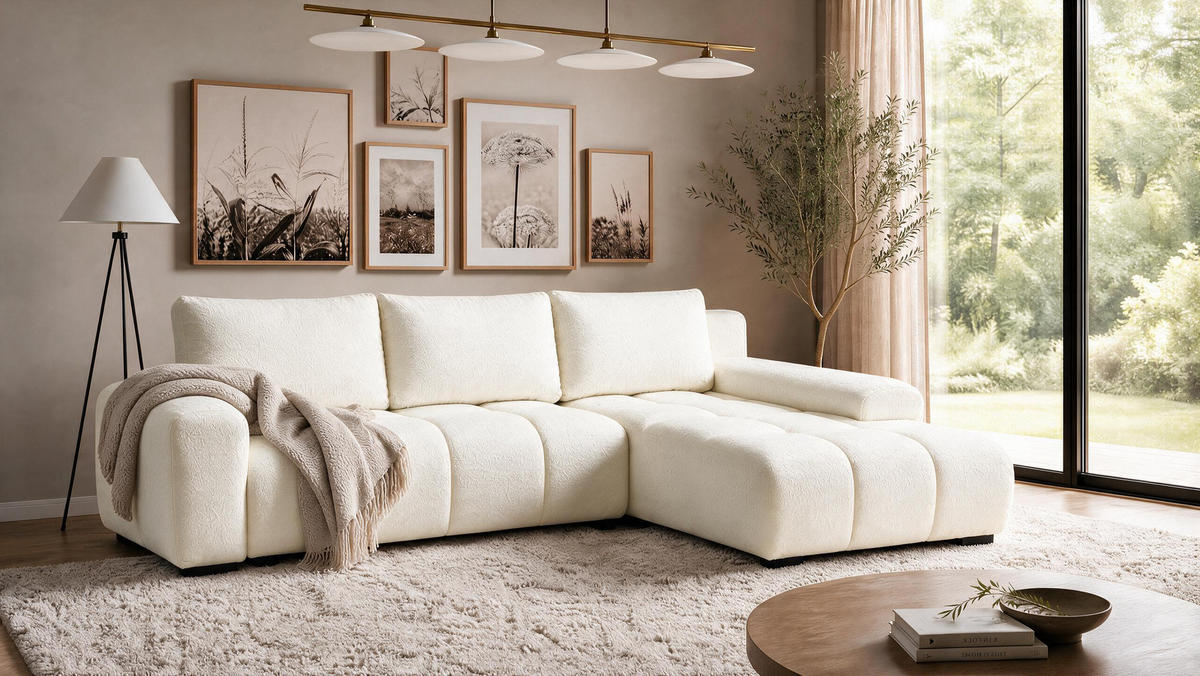 ECKSOFA Ovia mit Bettkasten und Schlaffunktion, Bouclé-Stoff in L-Form - Beige, Textil (270/185cm)