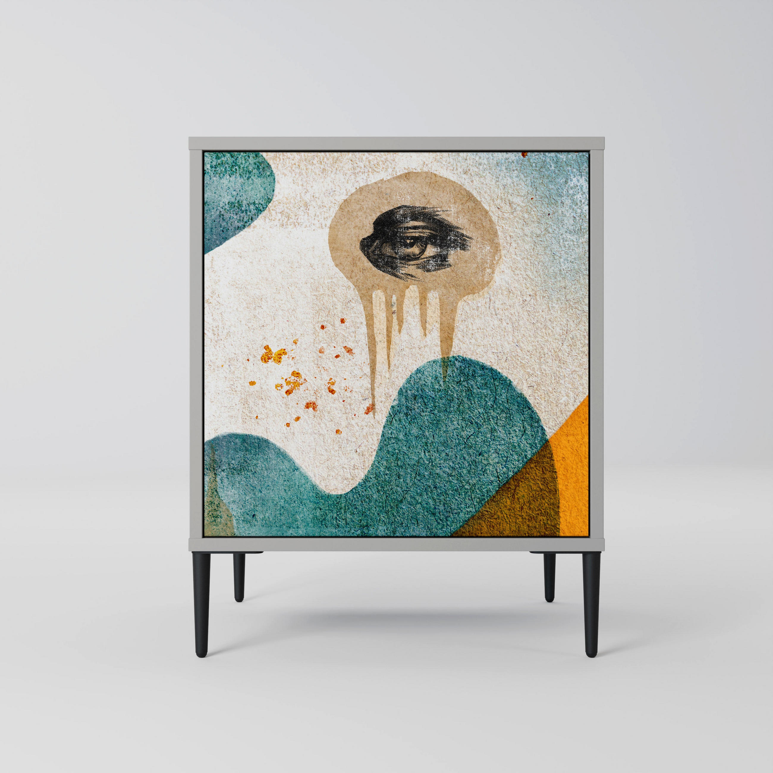 SIDEBOARD ABSTRACT FACES, Grau, 57,5x42x72,5 cm, Schwarze Metallfüße - Multicolor/Schwarz, Holzwerkstoff/Metall (57.5/72.5/42cm) - SpaceRebels