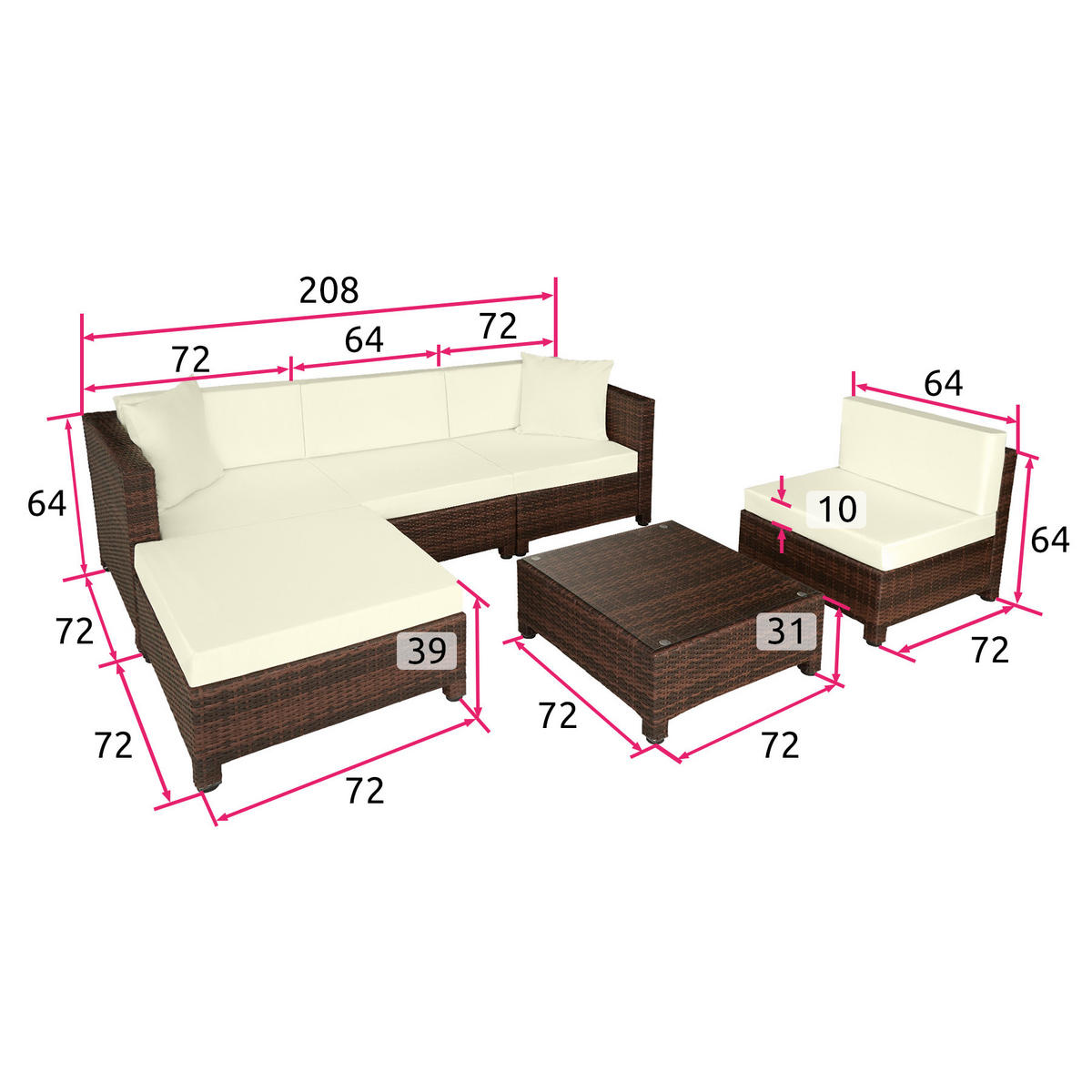 RATTANLOUNGE ,mit Sicherheitsglasplatte,schwarz/braun - Schwarz/Braun, Kunststoff - tectake