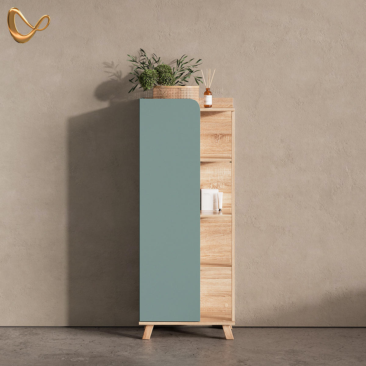 MIDISCHRANK Marano Blau-Grau 50 x 128 cm mit Tür und offenen Fächern - Blaugrau/Sonoma Eiche, Holzwerkstoff (50/128/35cm) - Livinity®