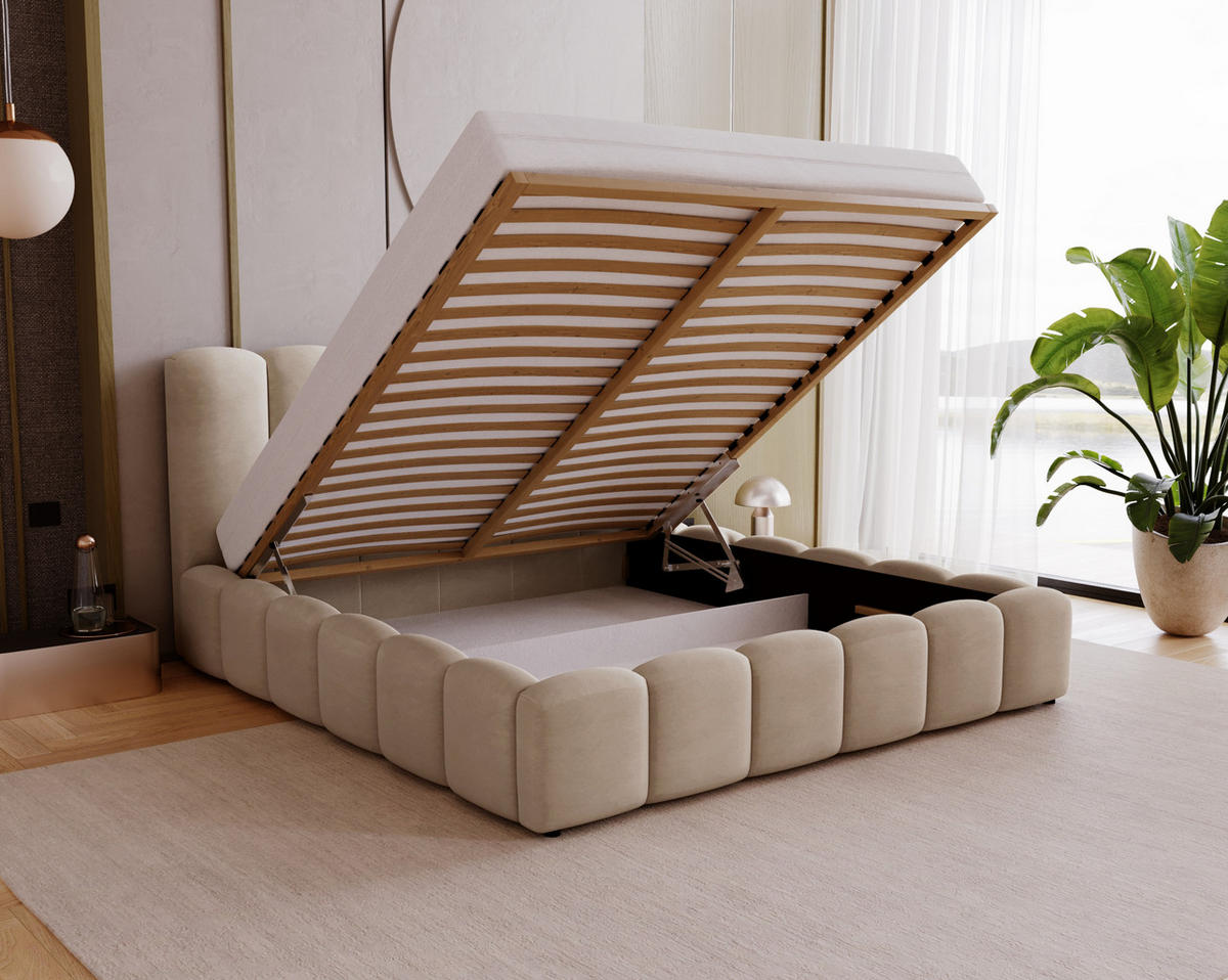 POLSTERBETT 140x200 cm Florent, Bettkasten, Samt, Beige - Beige, Holz/Textil (140/200cm) - Emporius