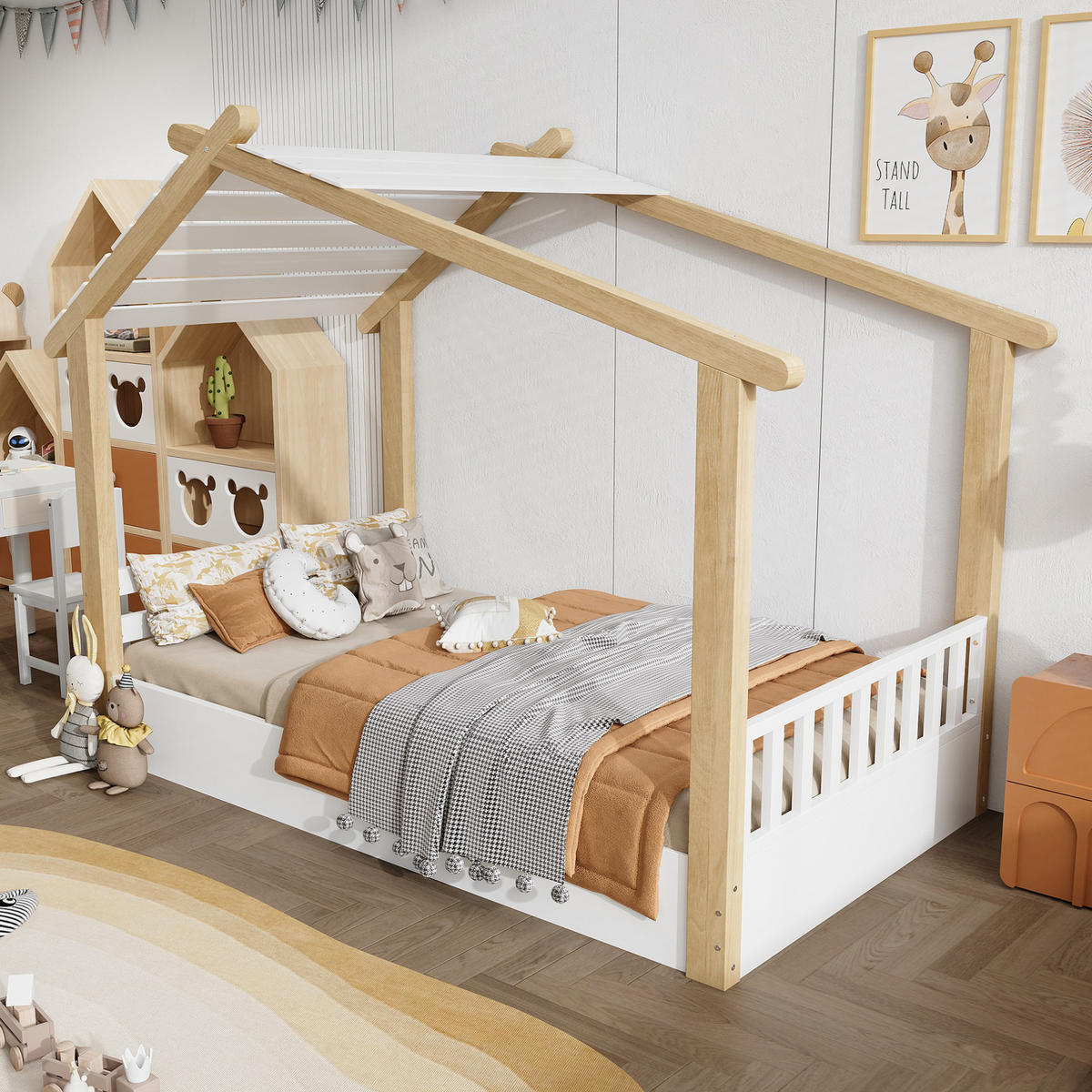 HAUSBETT aus Kiefer, Spanplatte und MDF 90x200 cm Weiß/Natur mit Lattenrost im Holzhausdesign - Weiß, Holzwerkstoff (90/200cm) - Modfu