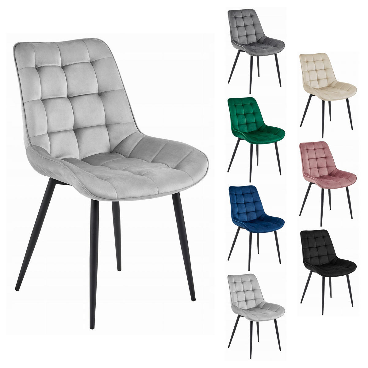 STUHL BARDI 4-er Set, Silbergrau, Schwarz, mit Samtstoff gepolstert - Hellgrau, Textil/Metall (56/84/62cm) - Komodee