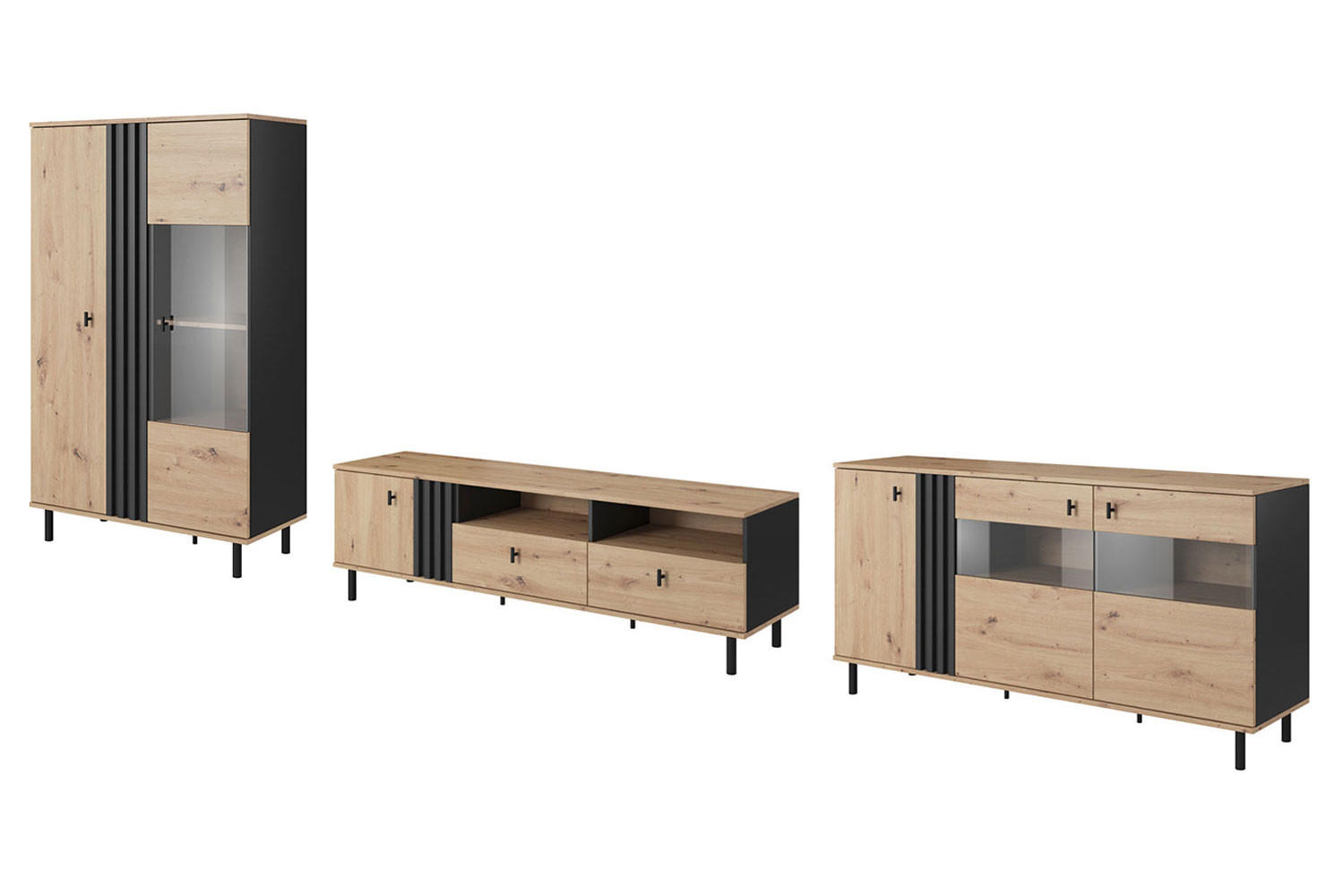 WOHNZIMMER-SET Madis sand grange eiche / anthrazit 3-teilig - Braun, Holz/Holzwerkstoff (420.3/148.8/40cm) - Feldmann-Wohnen