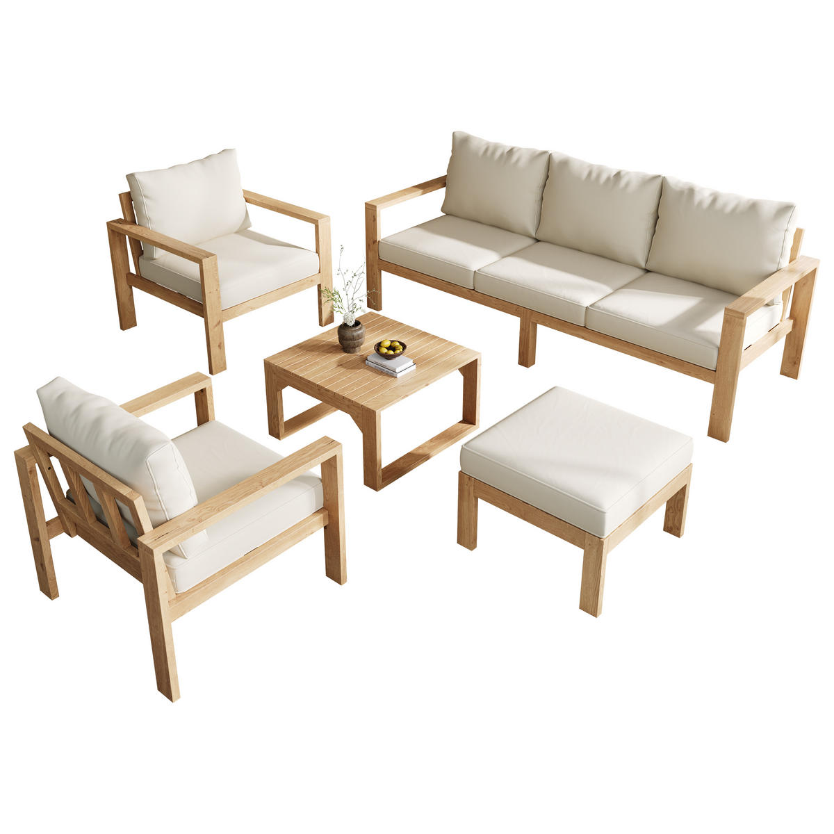 GARTENMÖBEL-SET, 4-6 Personen, Akazienrahmen, Natur/Creme - Creme, Textil - FLIEKS
