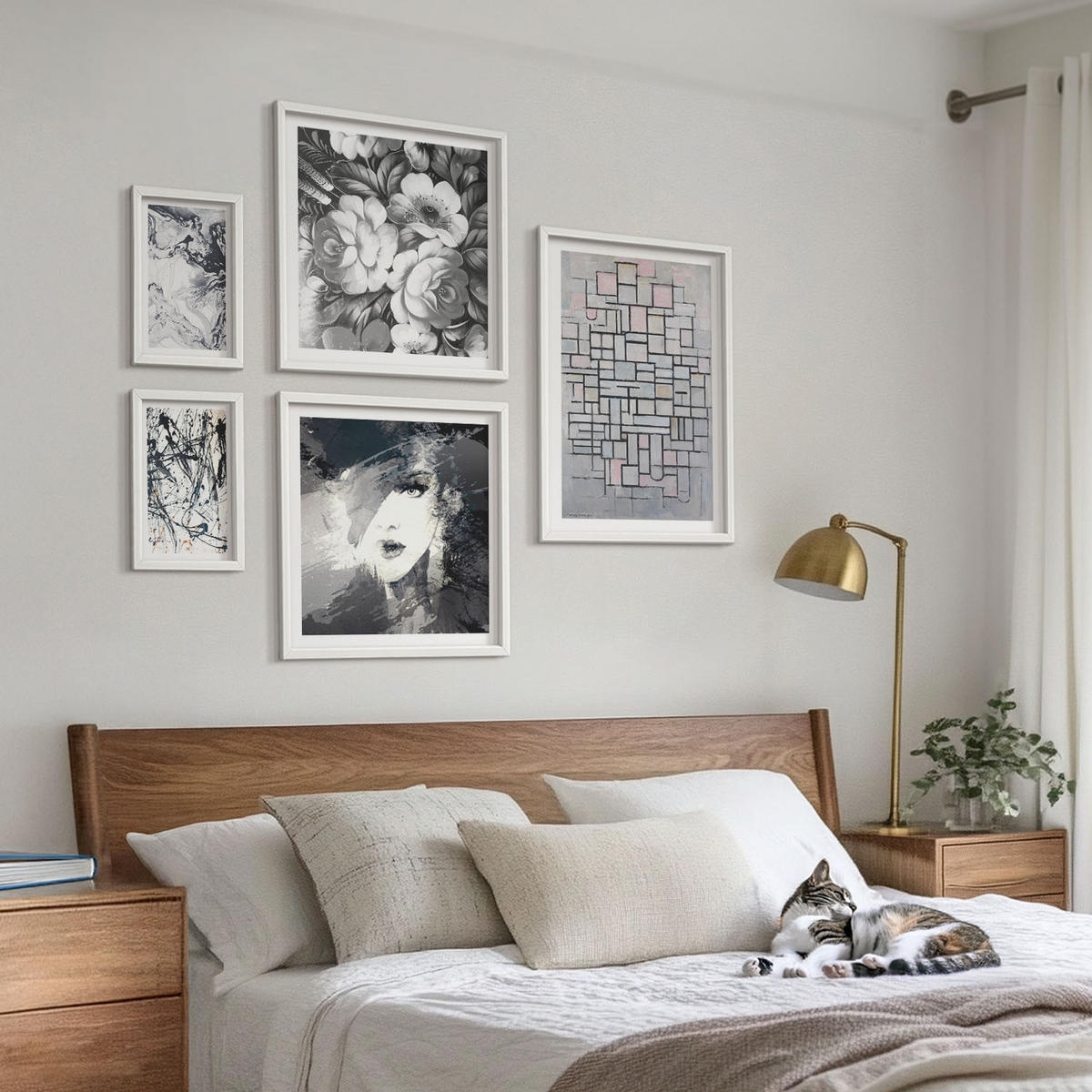 WANDBILDER 5er-Set - 50x50 cm & 20x30 cm & 40x60 cm Weißer Rahmen - Abstrakte schwarz-weiße Muster - Weiß, Kunststoff (40/60cm) - ArtPrintCave