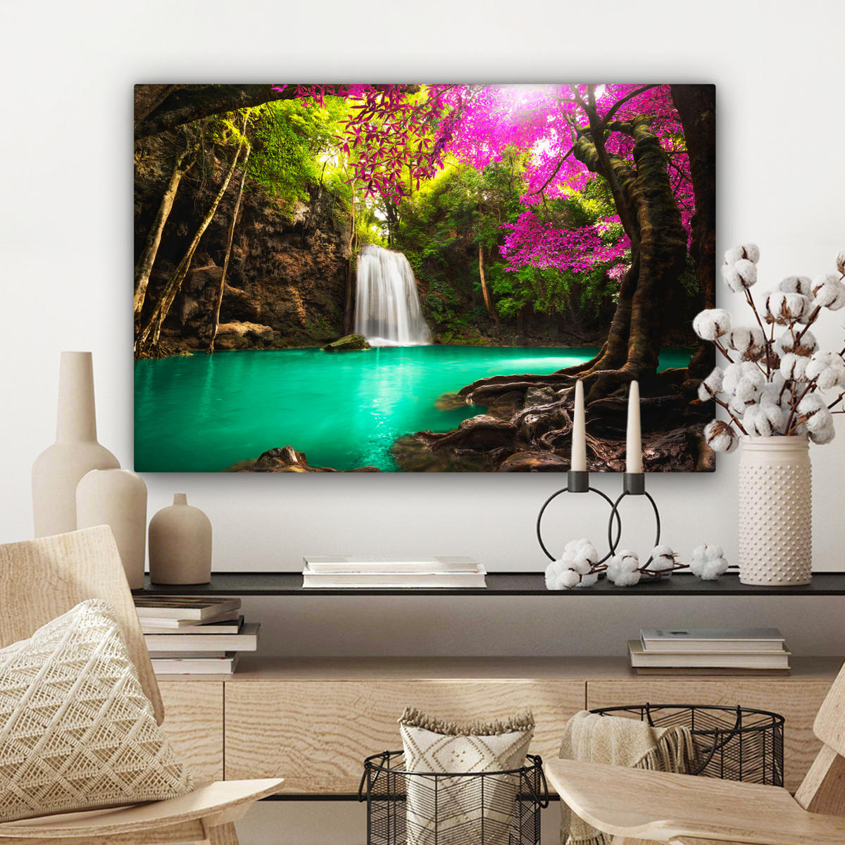 LEINWANDBILD Wasserfall mit bunten Blumen und Bäumen - Natur - Dschungel Wanddeko 90x60 cm - Waldgrün, Textil (90/60cm) - MuchoWow