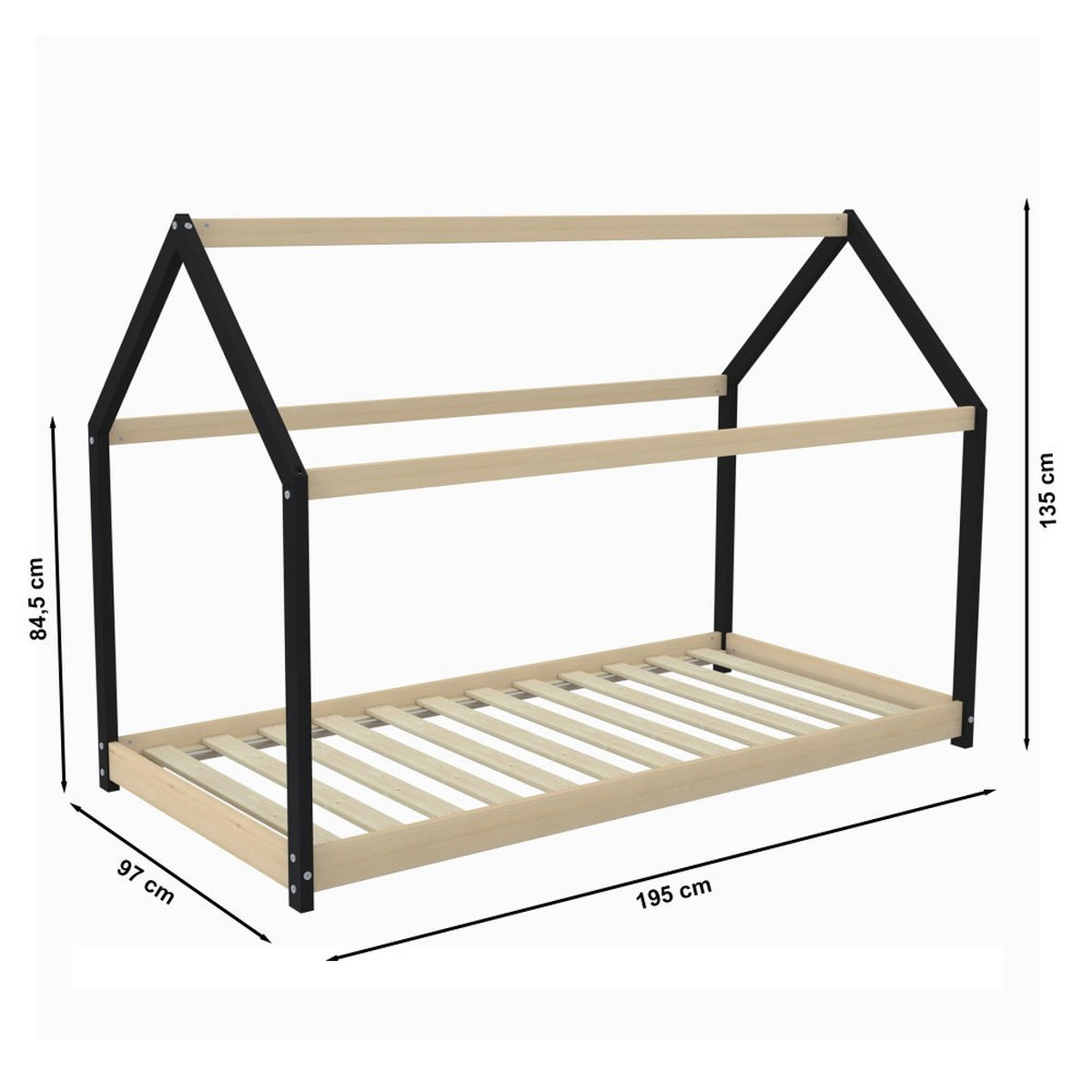 HAUSBETT PANDA mit Lattenrost / Kinderbett 90x190 cm - Naturholz und Schwarz - Multicolor, Holz (90/190cm) - Weber Industries