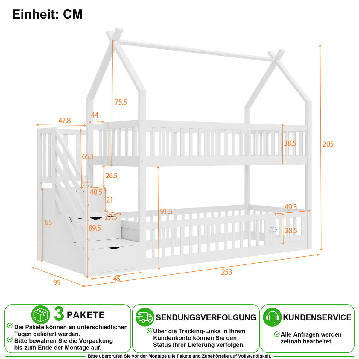 ETAGENBETT 90/200 cm in Weiß mit Treppe, Schubladen und Hausdach aus Massivholz - Weiß, Holz/Holzwerkstoff (90/200cm) - CHICFURN
