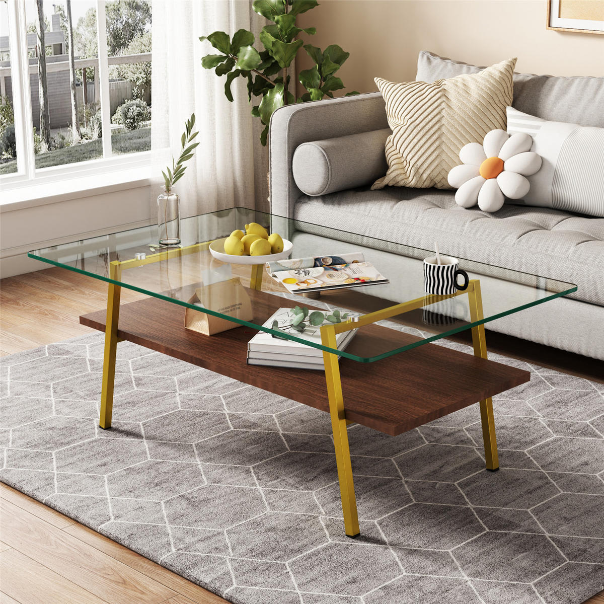 COUCHTISCH Glas Metall Gold Braun 98 cm - Braun, Glas (58/98/42.5cm) - Kaket
