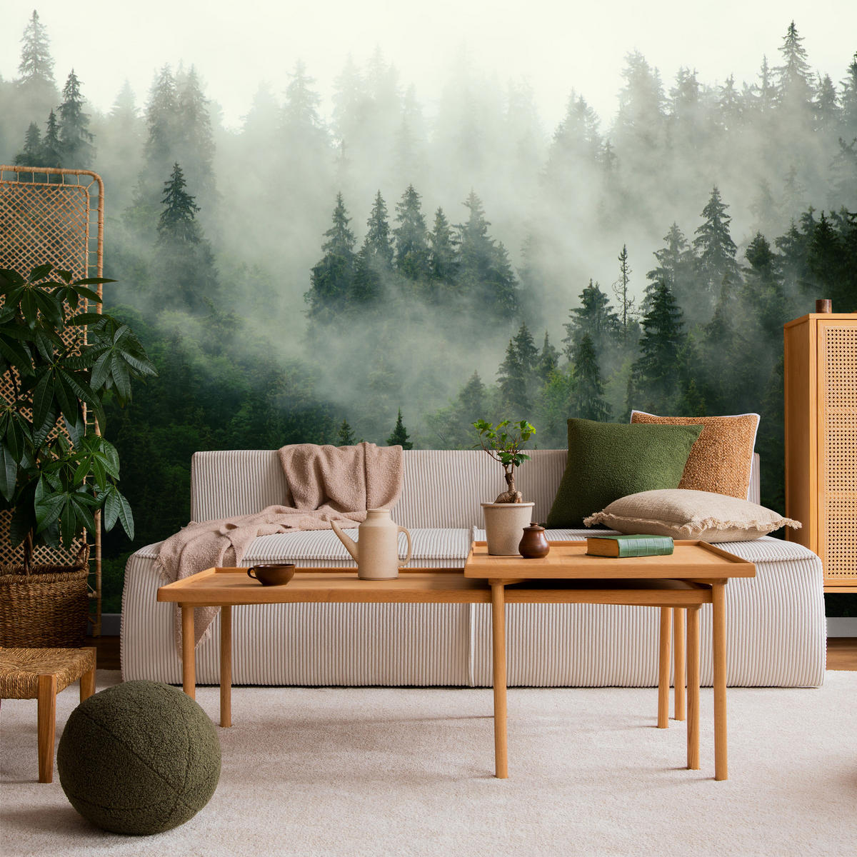 FOTOTAPETE Wald im Nebel Natur Landschaft 3D 450x315 - Grau/Grün, Papier (450/315cm) - Muralo