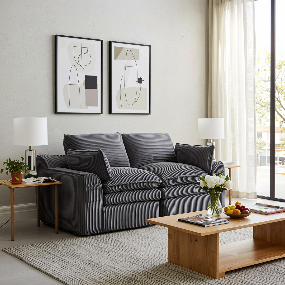 2-SITZER SOFA cordstoff mit seitentaschen & federkern - Dunkelgrau, Textil (191/85/94cm) - Urban Meuble